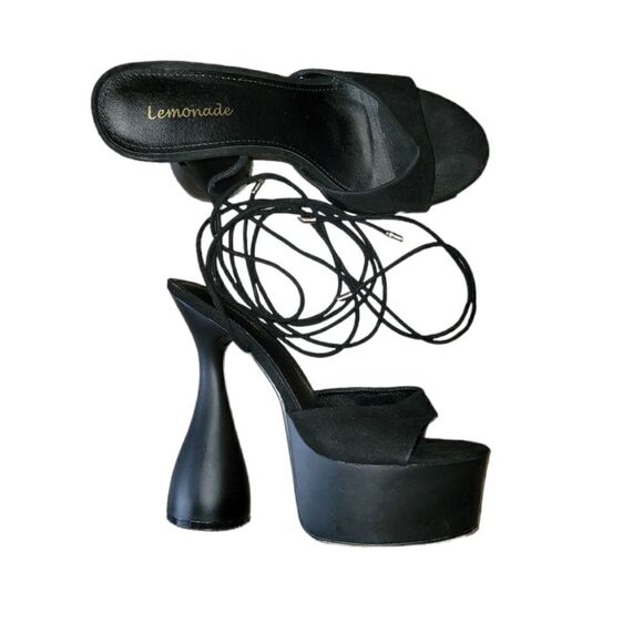 Black Bite Me Platform Tie Up Lace Up Heels 10 - Picture 3 of 9